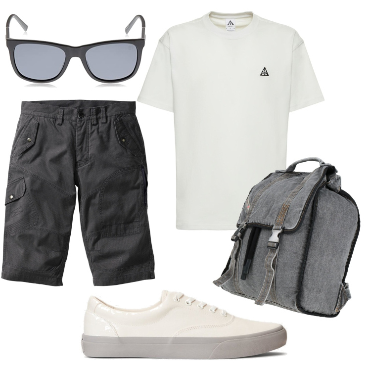Outfit uomo - Basic in movimento. Stile Casual per Tutti i giorni. Abbinamento con bermuda, borse sportive, sneakers, t-shirt, occhiali da sole.