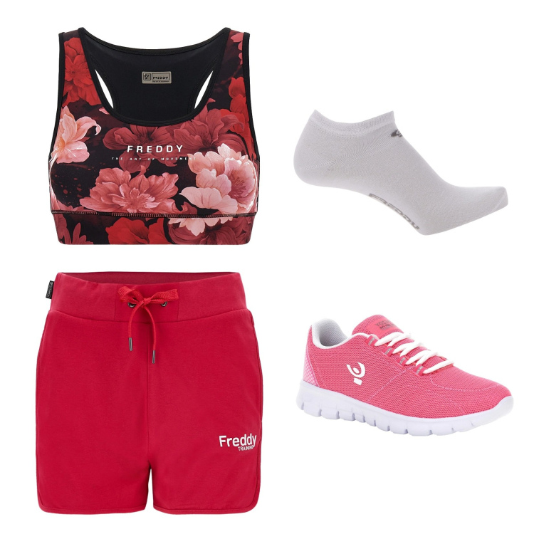 Outfit donna - Sport al mare. Stile Sporty chic per Sport. Abbinamento con shorts, sneakers, calzini, reggiseni.