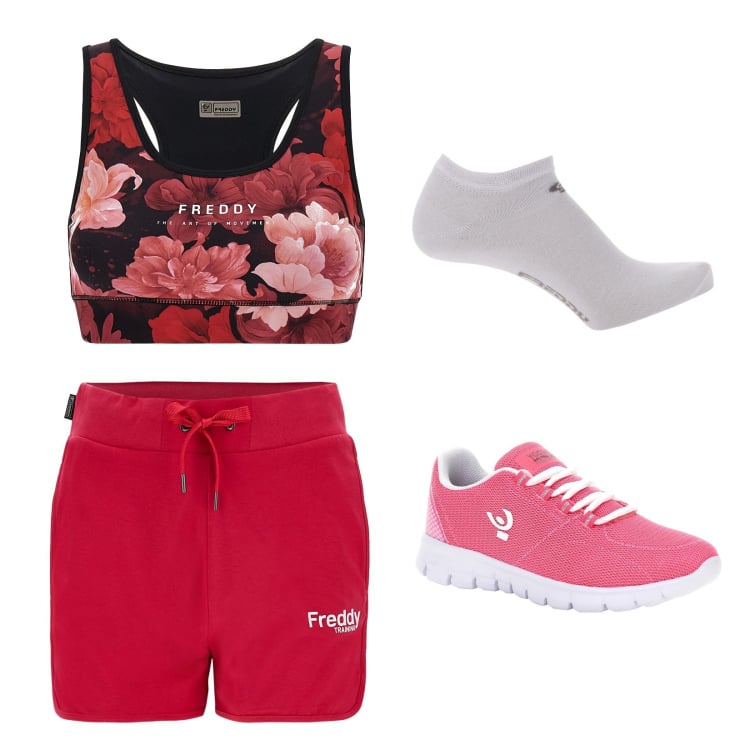 Outfit donna - Sport al mare. Stile Sporty chic per Sport. Abbinamento con shorts, sneakers, calzini, reggiseni.