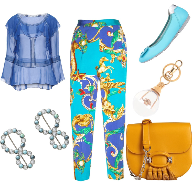 Outfit donna - Total look #1643064. Stile Casual chic per Tutti i giorni. Abbinamento con ballerine, bluse, pantaloni, borse a tracolla, orecchini, portachiavi.