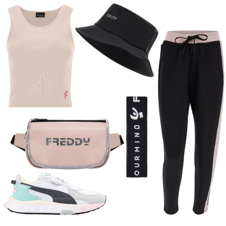 Outfit donna - Total look #1643079. Stile Sporty chic per Sport. Abbinamento con sneakers, pantaloni, marsupi, braccialetti, cappelli, top.