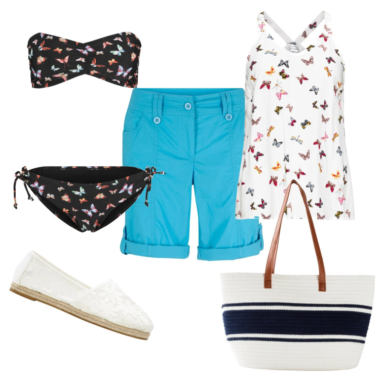 Outfit donna - Farfallina (veg ok). Stile Basic per Mare. look ideale per Petite. Abbinamento con bikini, top, bermuda, espadrillas, shopping bag.