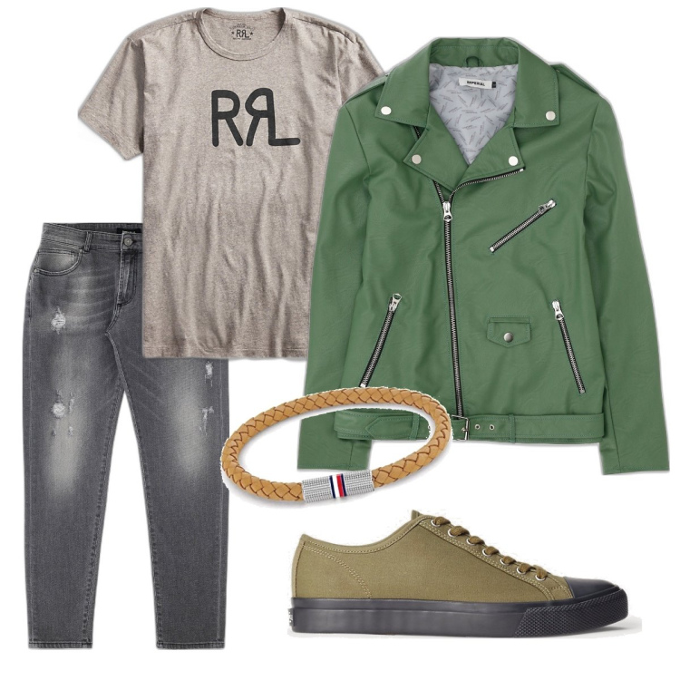 Outfit uomo - Opaco. Stile Urban per Tutti i giorni. Abbinamento con giacche, jeans, sneakers, t-shirt, braccialetti.