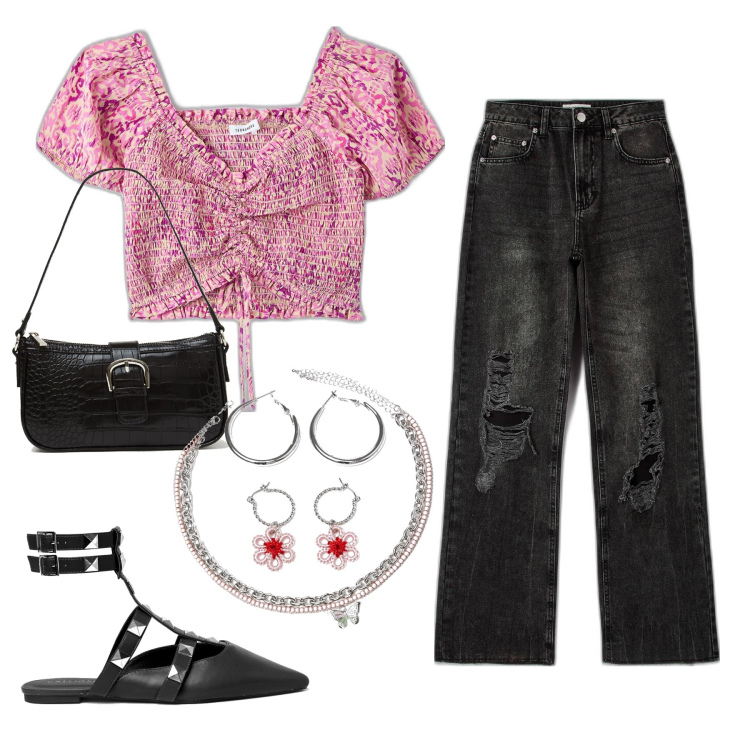 Outfit donna - Serata a Rimini. Stile Casual per Tutti i giorni. Abbinamento con jeans strappati, bluse, ballerine, orecchini, ciondoli, borse a spalla.