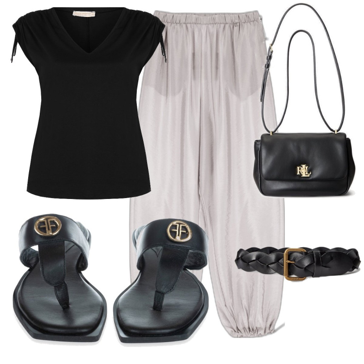 Outfit donna - Nero anche d’estate. Stile Casual chic look ideale per Tall. Abbinamento con t-shirt, infradito, pantaloni, cinture, borse a spalla.