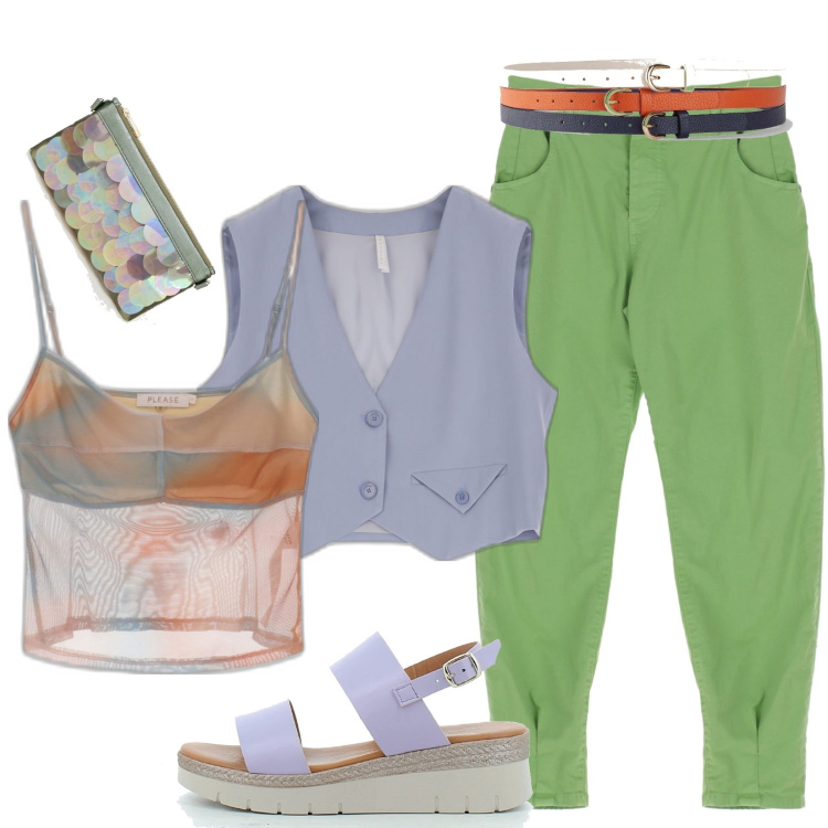 Outfit donna - Colori che creano armonia. Stile Urban per Tutti i giorni. Abbinamento con cinture, pantaloni, top, gilet, zeppe, pochette.