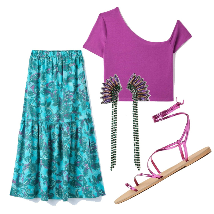 Outfit donna - Oceania. Stile Boho per Serata fuori. Abbinamento con t-shirt, gonne lunghe, sandali alla schiava, ciondoli.