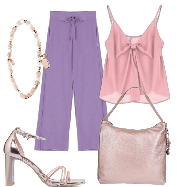Outfit donna - Accenti metal. Stile Trendy per Serata fuori. Abbinamento con borse a mano, pantaloni a palazzo, canottiere, sandali gioiello, braccialetti.