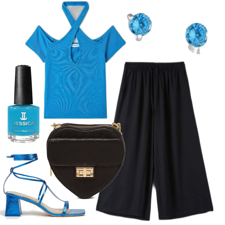 Outfit donna - Chic e comoda. Stile Chic per Serata fuori. Abbinamento con pantaloni a palazzo, t-shirt, sandali in pelle, borse a tracolla, orecchini, smalti.