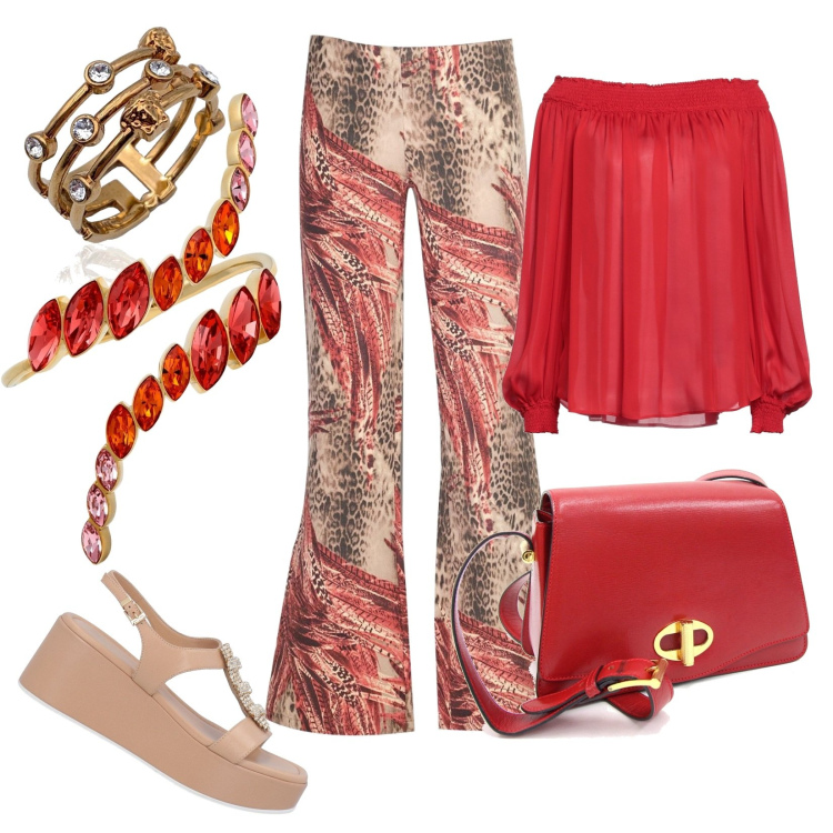 Outfit donna - Fantasia. Stile Casual chic per Serata fuori. Abbinamento con pantaloni, bluse, sandali in pelle, borse a spalla, braccialetti, anelli.