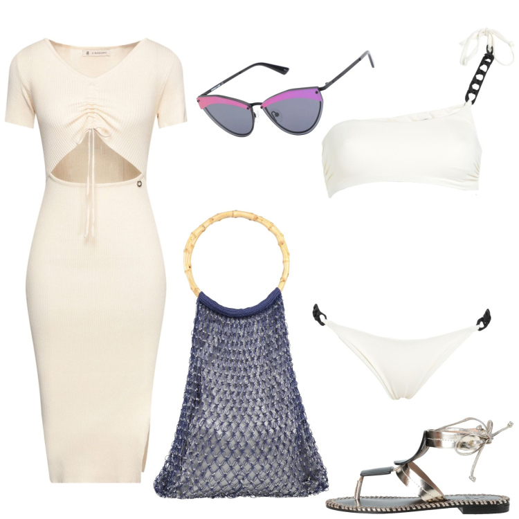 Outfit donna - Dopo la spiaggia. Stile Glamour per Mare. Abbinamento con vestiti midi/longuette, bikini, occhiali da sole, borse a mano, infradito.