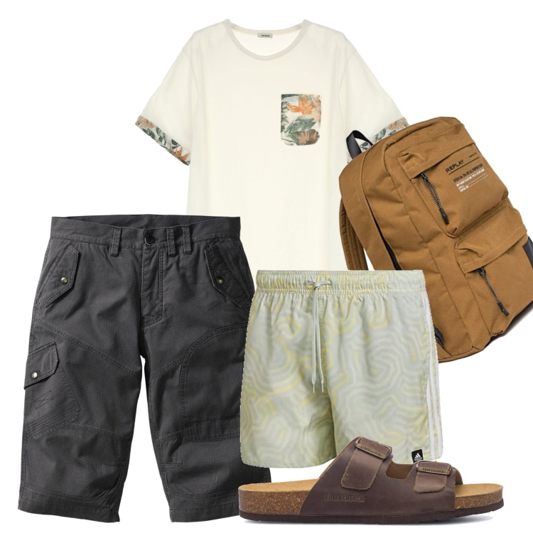 Outfit uomo - Uno zaino per il mare. Stile Casual per Mare. Abbinamento con bermuda, t-shirt, sandali, borse sportive, costumi.