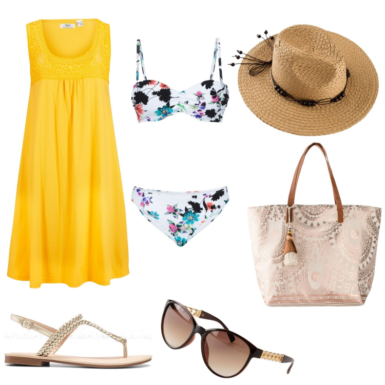Outfit donna - Tutti al mare!. Stile Casual per Mare. Abbinamento con ciabatte, bikini, vestiti senza maniche, shopping bag, cappelli, occhiali da sole.