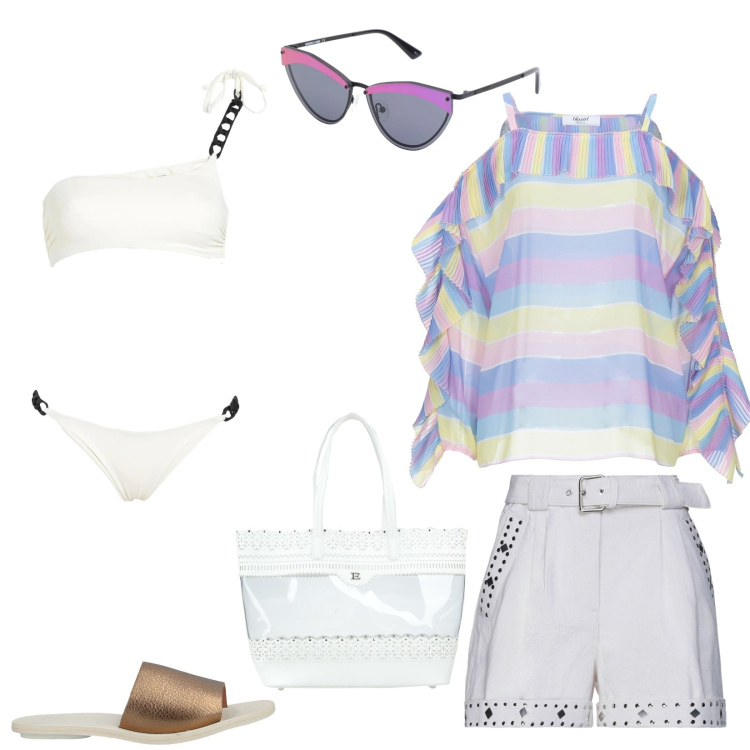 Outfit donna - Going to the sea. Stile Trendy per Mare. Abbinamento con shorts, bluse, bikini, borse a mano, sandali in pelle, occhiali da sole.