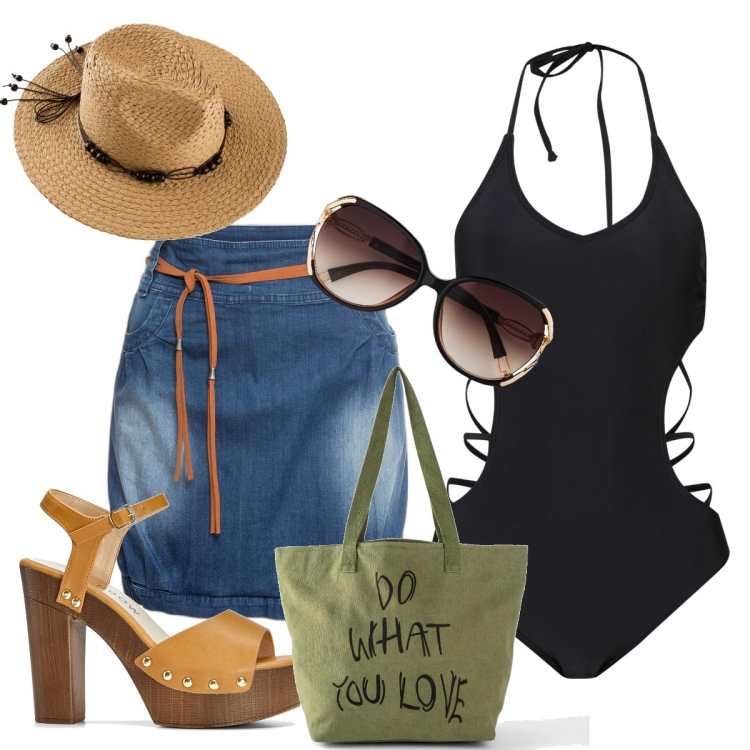 Outfit donna - Aperitivo in spiaggia. Stile Casual per Mare. look ideale per Tall. Abbinamento con minigonne, occhiali da sole, costumi interi, sandali col tacco, shopping bag, cappelli.