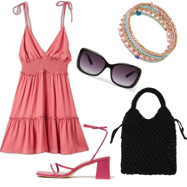 Outfit donna - Total look #1643364. Stile Basic per Tutti i giorni. Abbinamento con vestiti corti, sandali in pelle, borse a spalla, occhiali da sole, braccialetti.