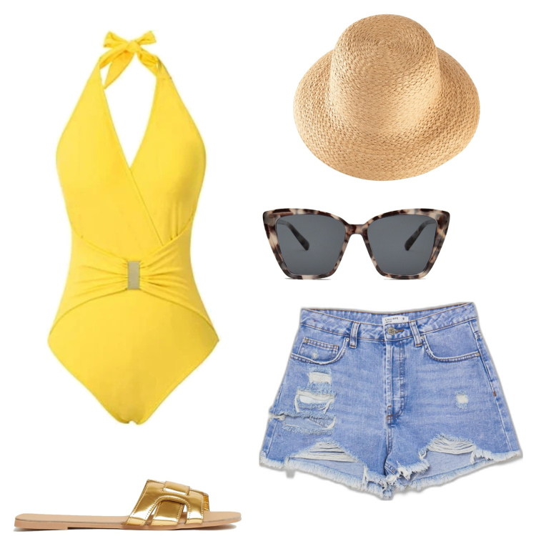 Outfit donna - Al mare con stile. Stile Trendy per Mare. Abbinamento con felpe, shorts, ciabatte, occhiali da sole, costumi interi.