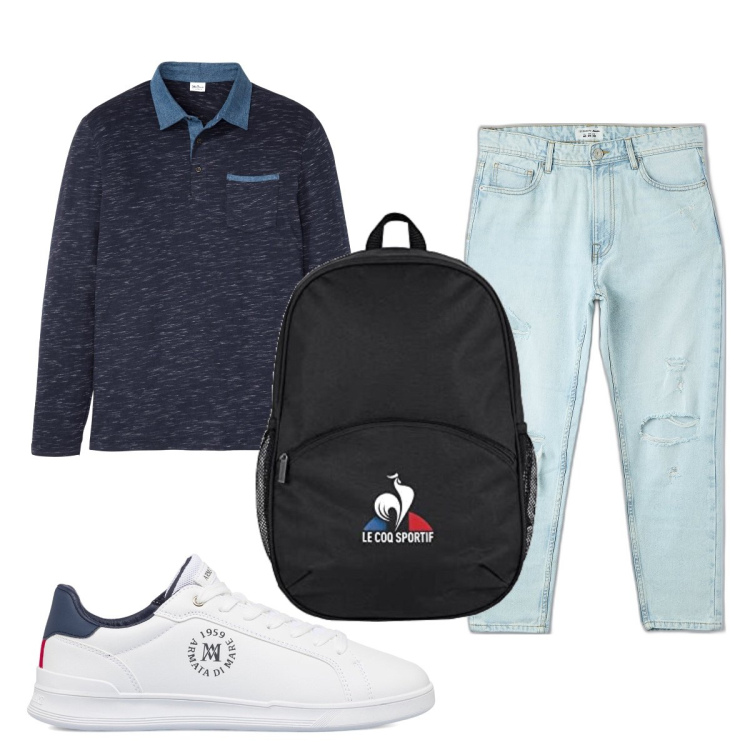 Outfit uomo - Total look #1643452. Stile Casual per Tutti i giorni. Abbinamento con polo, jeans strappati, sneakers, borse sportive.