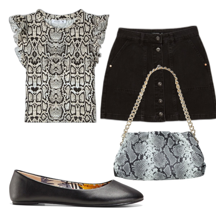 Outfit donna - Total look #1643478. Stile Trendy per Tutti i giorni. Abbinamento con ballerine, borse a mano, t-shirt, minigonne.