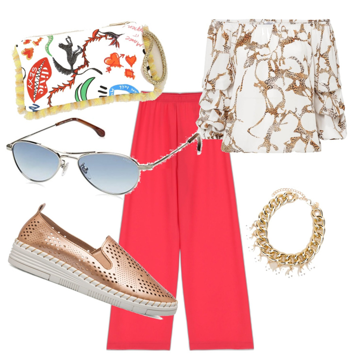 Outfit donna - Estate calda. Stile Bon Ton per Tutti i giorni. Abbinamento con bluse, pantaloni a palazzo, pochette, braccialetti, mocassini, occhiali da sole.