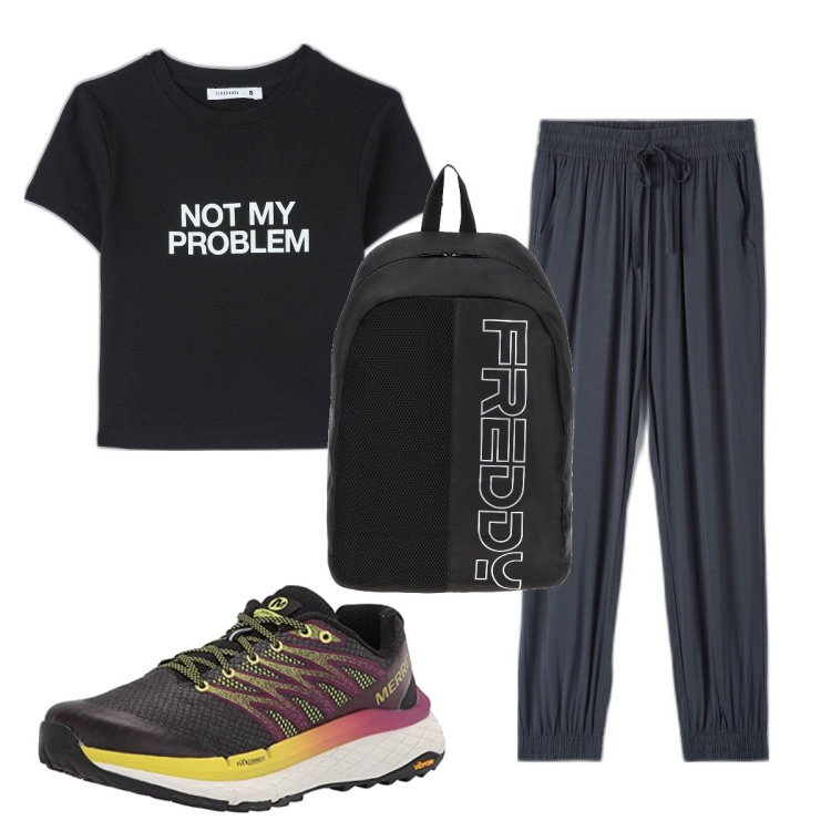Outfit donna - Total look #1643548. Stile Basic per Sport. Abbinamento con pantaloni, t-shirt, zaini, scarpe sportive.