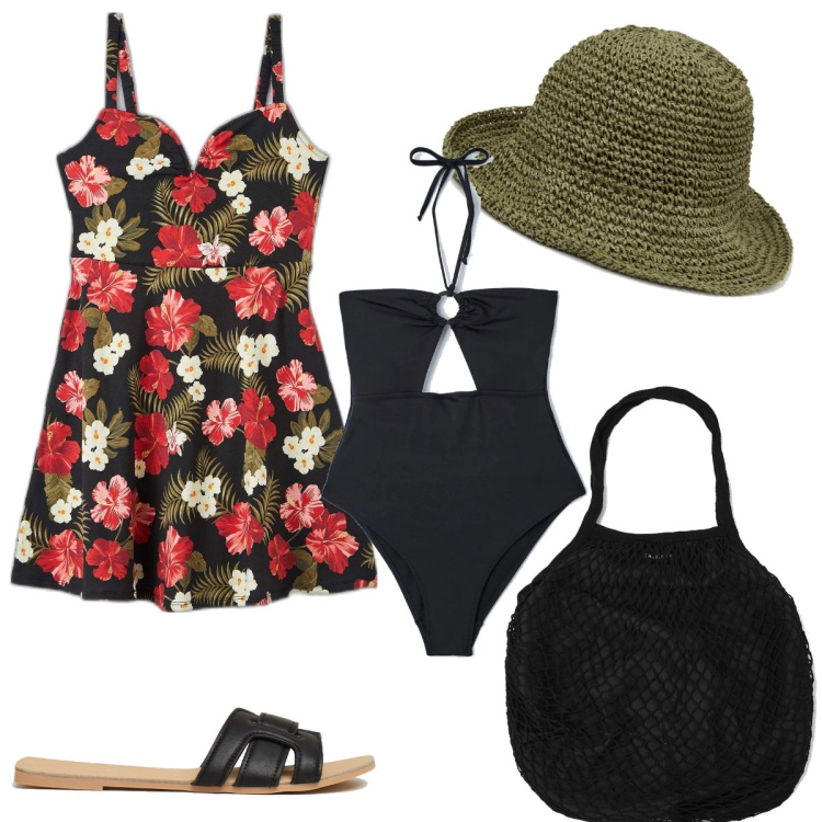Outfit donna - Passeggiata al mare. Stile Basic per Mare. Abbinamento con costumi interi, vestiti midi/longuette, borse a spalla, ciabatte, cappelli con visiera.