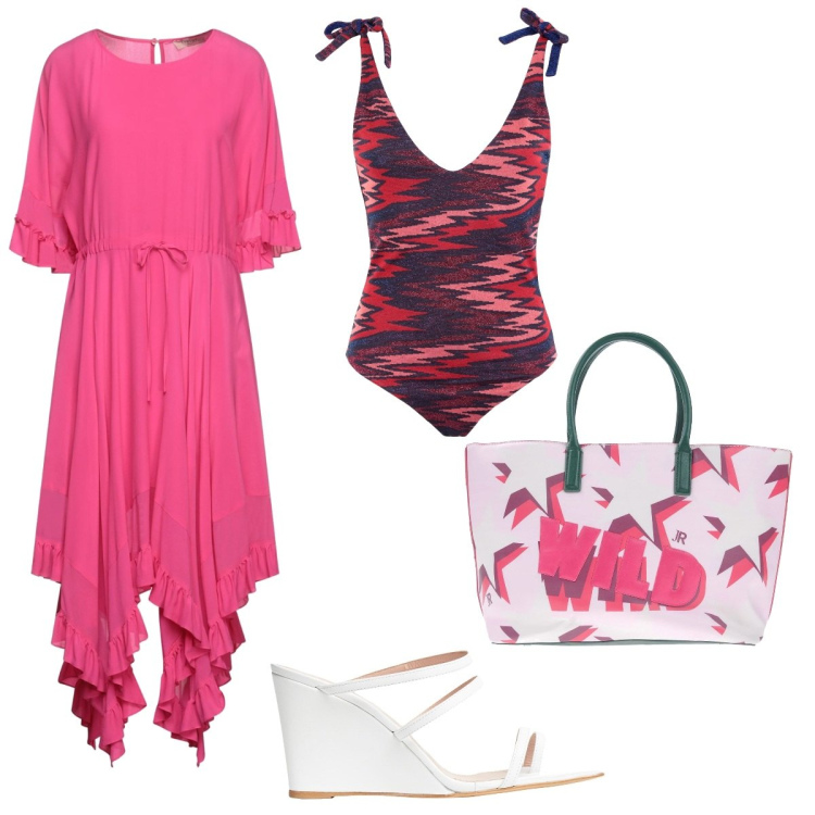 Outfit donna - Aperitivo al mare. Stile Chic per Mare. Abbinamento con vestiti midi/longuette, costumi interi, infradito, borse a mano.