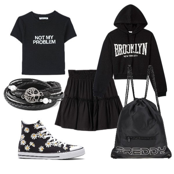 Outfit donna - Total look #1643650. Stile Urban per Scuola/Università. Abbinamento con sneakers alte, braccialetti, t-shirt, gonne, felpe con cappuccio, zaini.