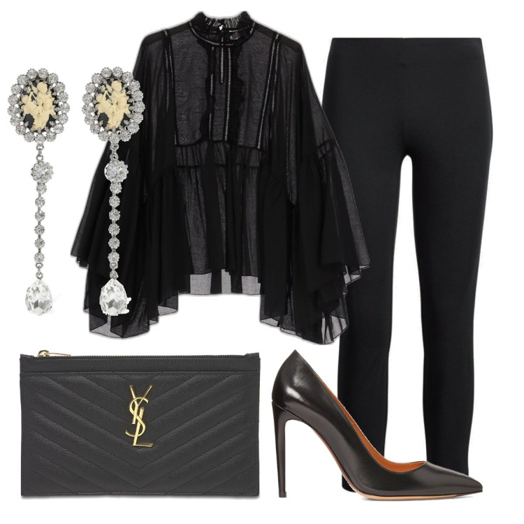 Outfit donna - Total look #1643677. Stile Glamour per Serata fuori. Abbinamento con pantaloni skinny, décolleté, camicie, pochette, orecchini.