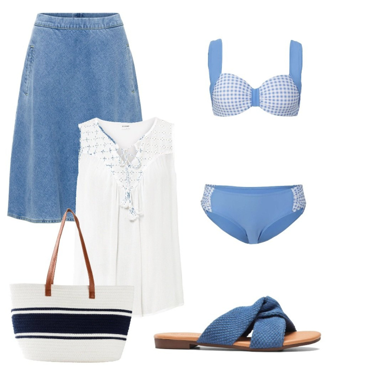 Outfit donna - Beach look. Stile Casual per Mare. Abbinamento con gonne, top, bikini, ciabatte, shopping bag.