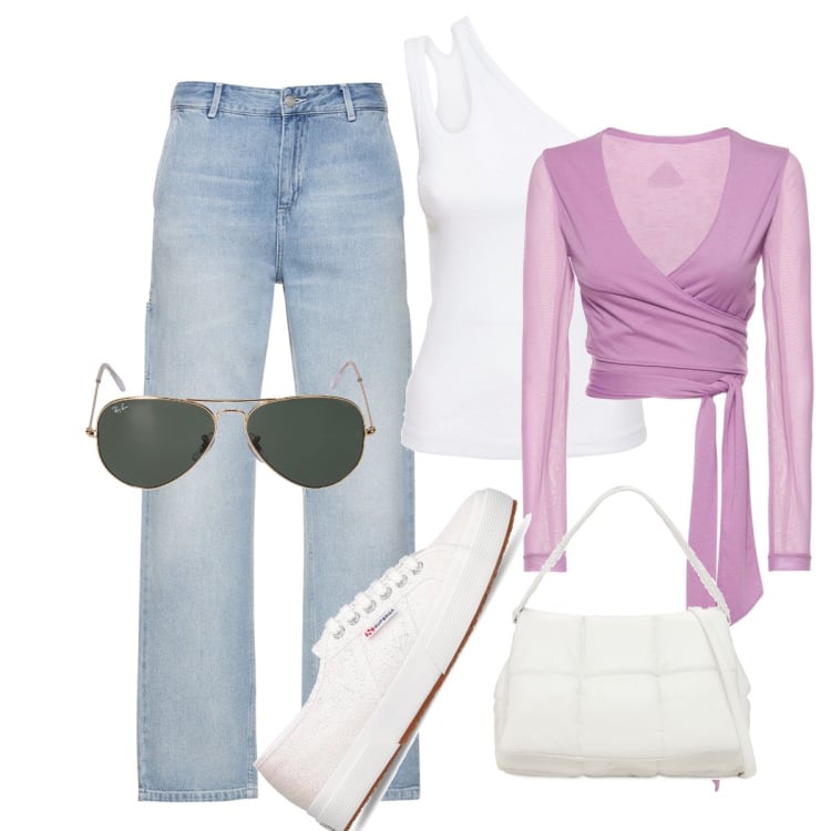 Outfit donna - L\'evoluzione della Moda!. Stile Casual per Tutti i giorni. Abbinamento con canottiere, occhiali da sole, borse a spalla, top, pantaloni, sneakers.