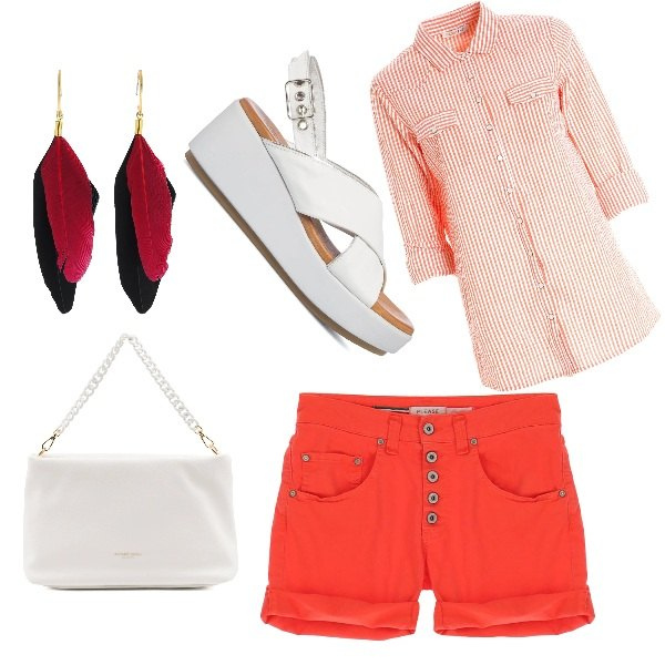 Outfit donna - Rosso. Stile Casual chic per Tutti i giorni. Abbinamento con camicie, shorts, sandali in pelle, borse a spalla, orecchini.