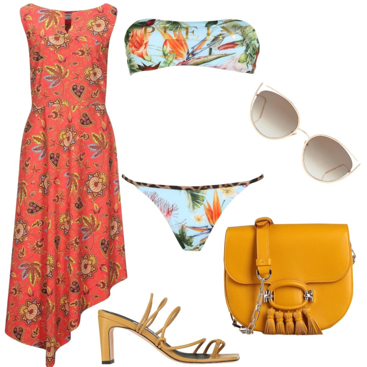 Outfit donna - Total look #1643821. Stile Casual chic per Mare. Abbinamento con vestiti lunghi, bikini, borse a tracolla, occhiali da sole, ciabatte.