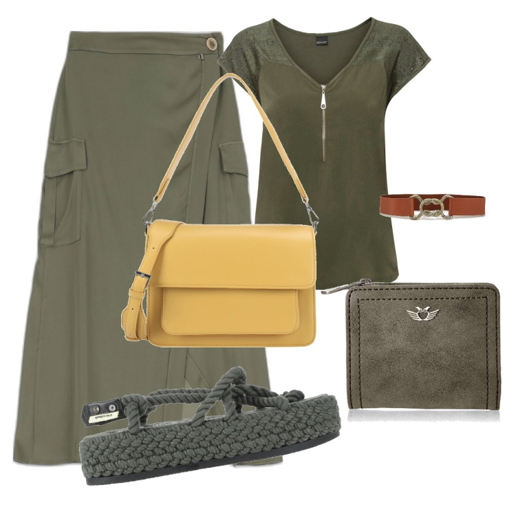 Outfit donna - Verde militare. Stile Military look ideale per Tall. Abbinamento con t-shirt, infradito, borse a mano, gonne longuette, cinture, portafogli.