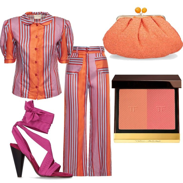 Outfit donna - in prima fila alla sfilata. Stile Glamour per Tutti i giorni. Abbinamento con blush, sandali col tacco, pochette, pantaloni, camicie.