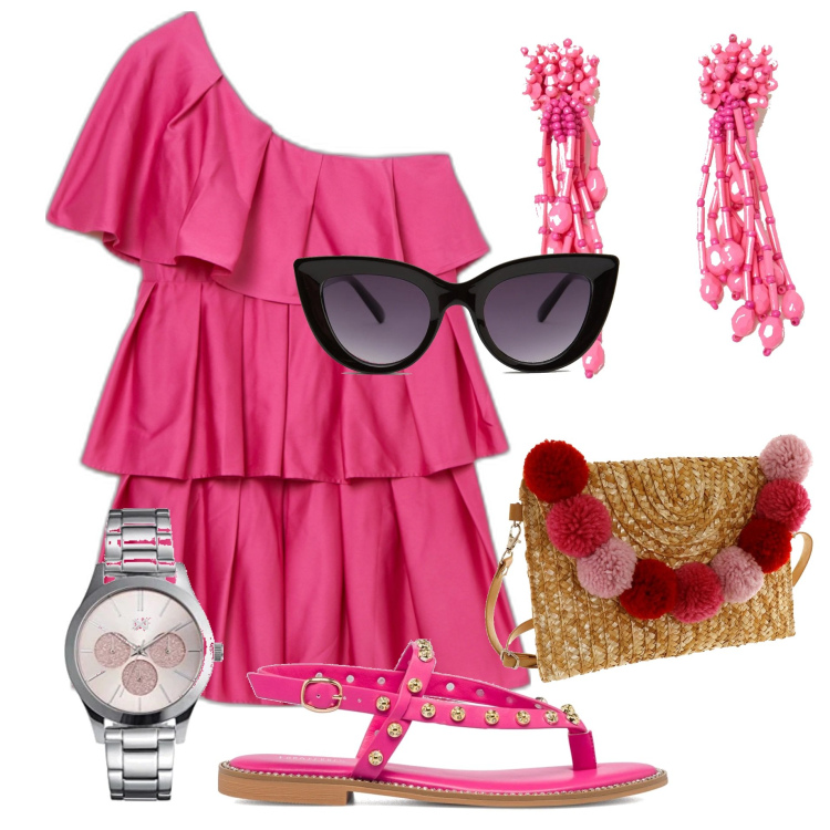 Outfit donna - Estate con Pittarosso. Stile Glamour per Mare. Abbinamento con vestiti asimmetrici, occhiali da sole, orecchini, infradito, borse a mano, orologi.