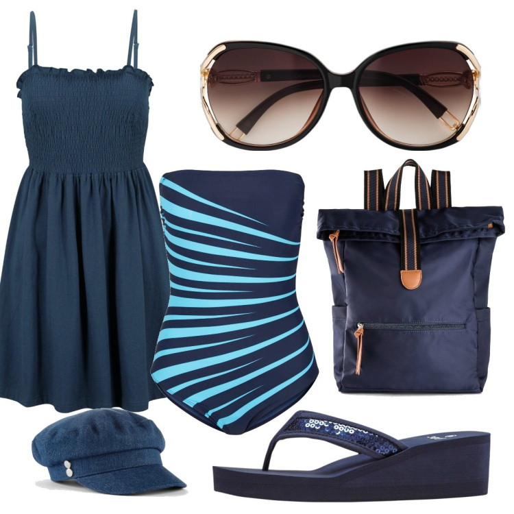 Outfit donna - Nel blu dipinto di blu. Stile Basic per Mare. Abbinamento con costumi interi, zaini, occhiali da sole, vestiti, infradito, cappelli.