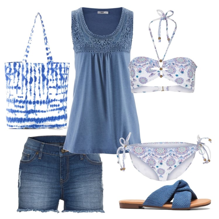 Outfit donna - Blu denim. Stile Basic per Mare. Abbinamento con top, bikini, ciabatte, shorts, shopping bag.
