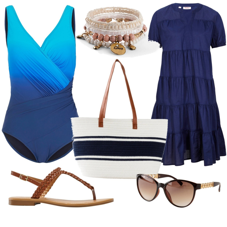 Outfit donna - Nel blu.... Stile Casual per Mare. Abbinamento con costumi interi, braccialetti, vestiti, ciabatte, occhiali da sole, shopping bag.