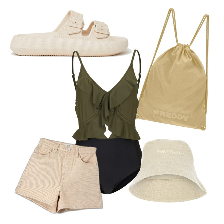 Outfit donna - Color sabbia. Stile Casual per Mare. Abbinamento con costumi interi, shorts, infradito, cappelli, zaini.