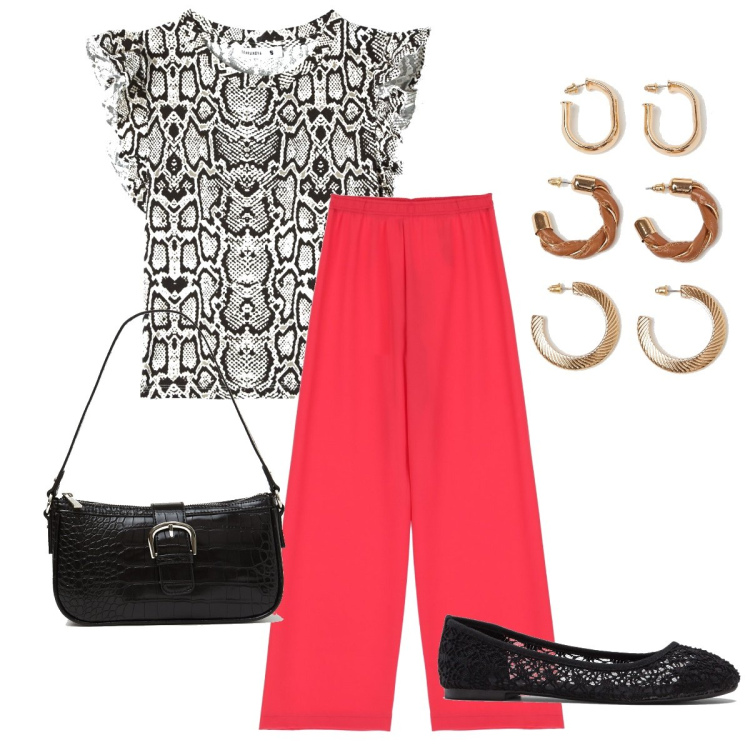 Outfit donna - La blusa pitonata. Stile Basic per Ufficio. Abbinamento con ballerine, t-shirt, pantaloni a palazzo, borse a spalla, orecchini.