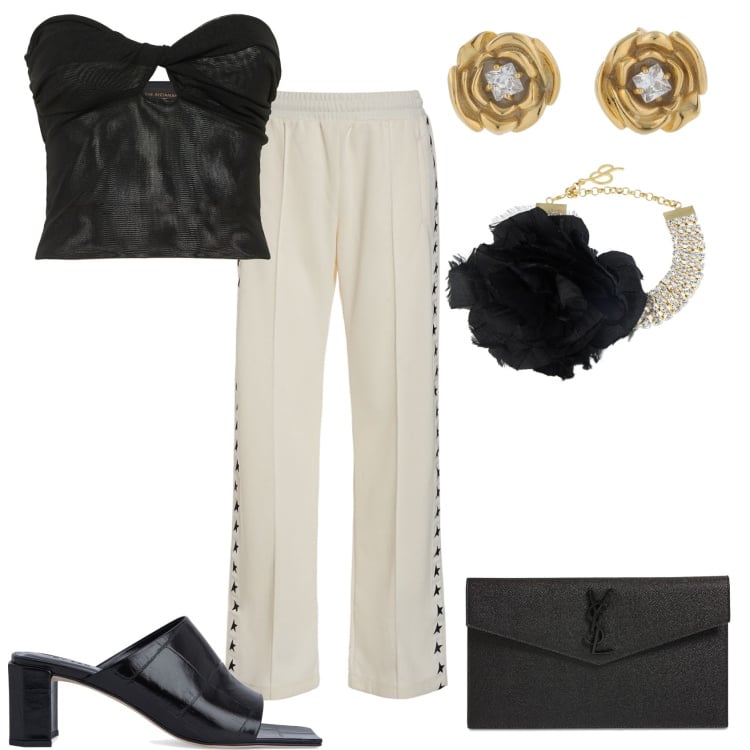 Outfit donna - Sporty Chic. Stile Sporty chic per Serata fuori. Abbinamento con top, pantaloni, collane, sandali in pelle, pochette, orecchini.