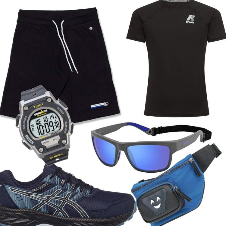 Outfit uomo - Vado a correre. per Tutti i giorni. Abbinamento con bermuda, scarpe sportive, borse sportive, orologi digitali, t-shirt, occhiali da sole.