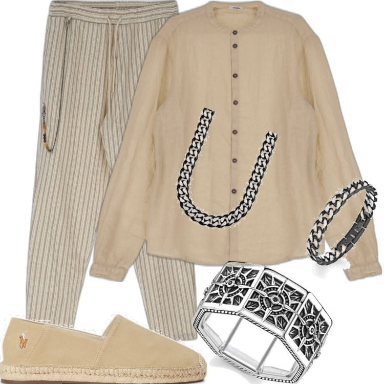 Outfit uomo - Un po' d'oriente. Stile Trendy per Serata speciale. Abbinamento con camicie, pantaloni, espadrillas, anelli, collane.
