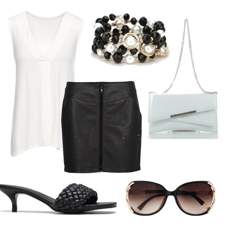 Outfit donna - La minigonna nera. Stile Sexy per Serata fuori. Abbinamento con top, occhiali da sole, minigonne, ciabatte, clutch, braccialetti.