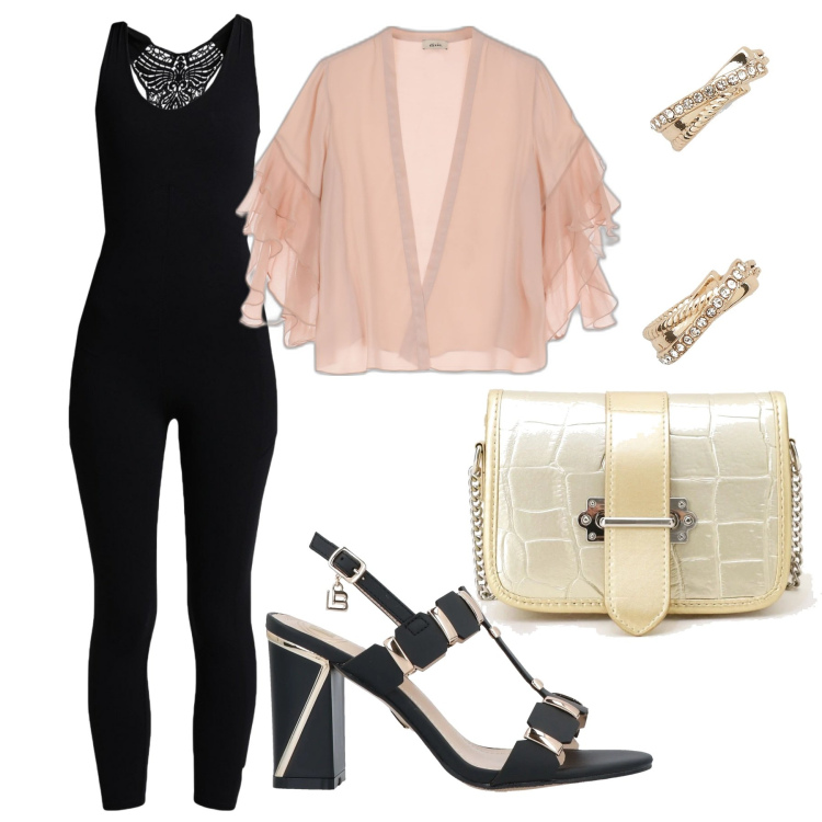 Outfit donna - Serata in jumpsuit. Stile Casual chic per Serata fuori. Abbinamento con tute, sandali col tacco, cardigans, pochette, orecchini.