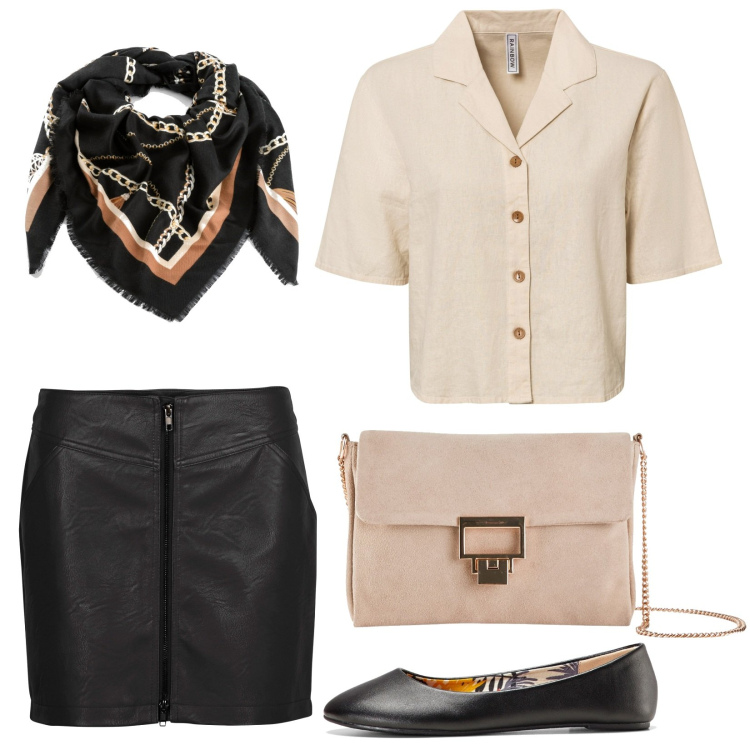 Outfit donna - Trend minigonna. Stile Preppy per Scuola/Università. Abbinamento con ballerine, camicie, minigonne, pochette, foulard.