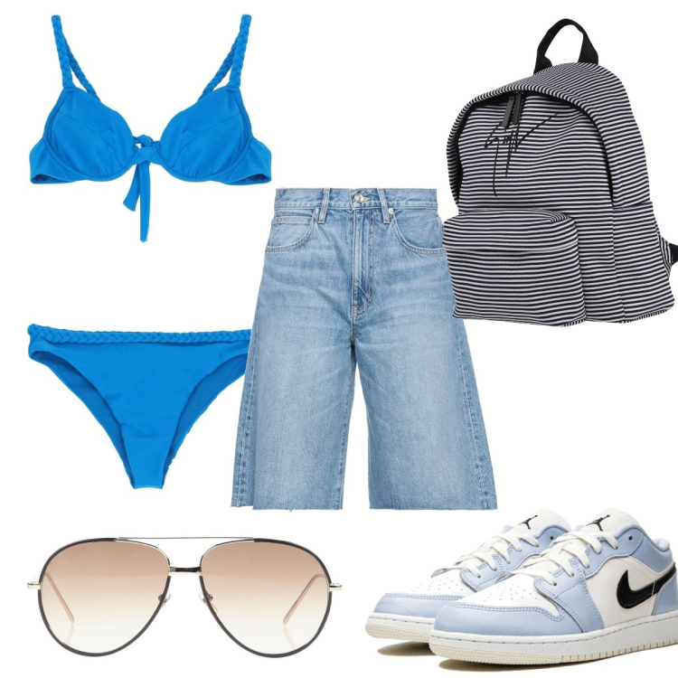 Outfit donna - Sunglasses: estate al mare. Stile Trendy per Mare. Abbinamento con zaini, sneakers alte, shorts, occhiali da sole, costumi.