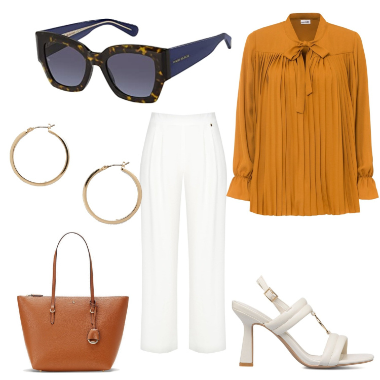 Outfit donna - Signora elegante. Stile Casual chic per Tutti i giorni. Abbinamento con bluse, pantaloni a palazzo, sandali col tacco, borse tote, orecchini, occhiali da sole.