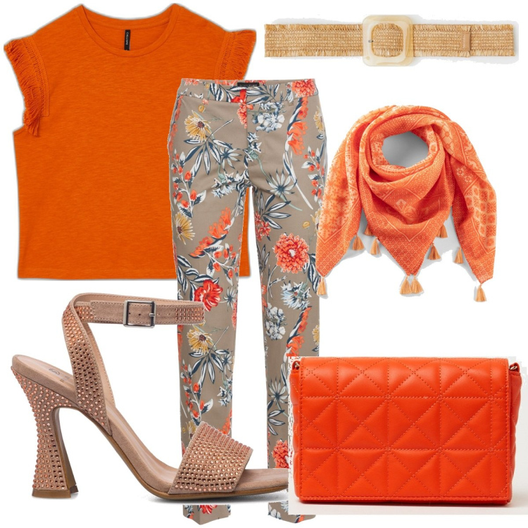 Outfit donna - Like Coral. Stile Casual per Tutti i giorni. Abbinamento con pantaloni, foulard, t-shirt, borse a spalla, cinture, sandali gioiello.